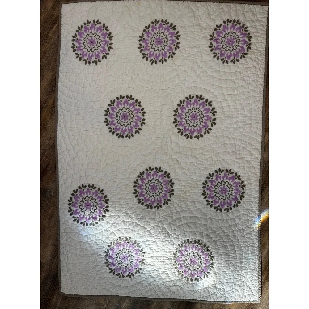 Pottery Barn Baby Blanket Quilt Purple Medallions Embroidered 50x36 Cotton